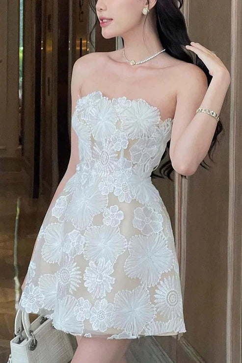 Luolandi Strapless Sleeveless Lace A-Line Mini Homecoming Dress Off Shoulder Flower Party Dress